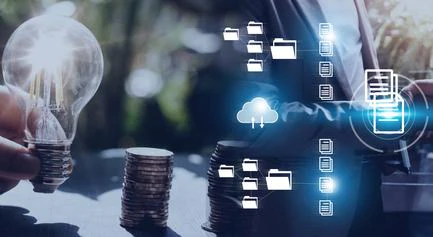 Illustration of light bulb, stack of coins and digital files. Symbol for potential savings on license costs.